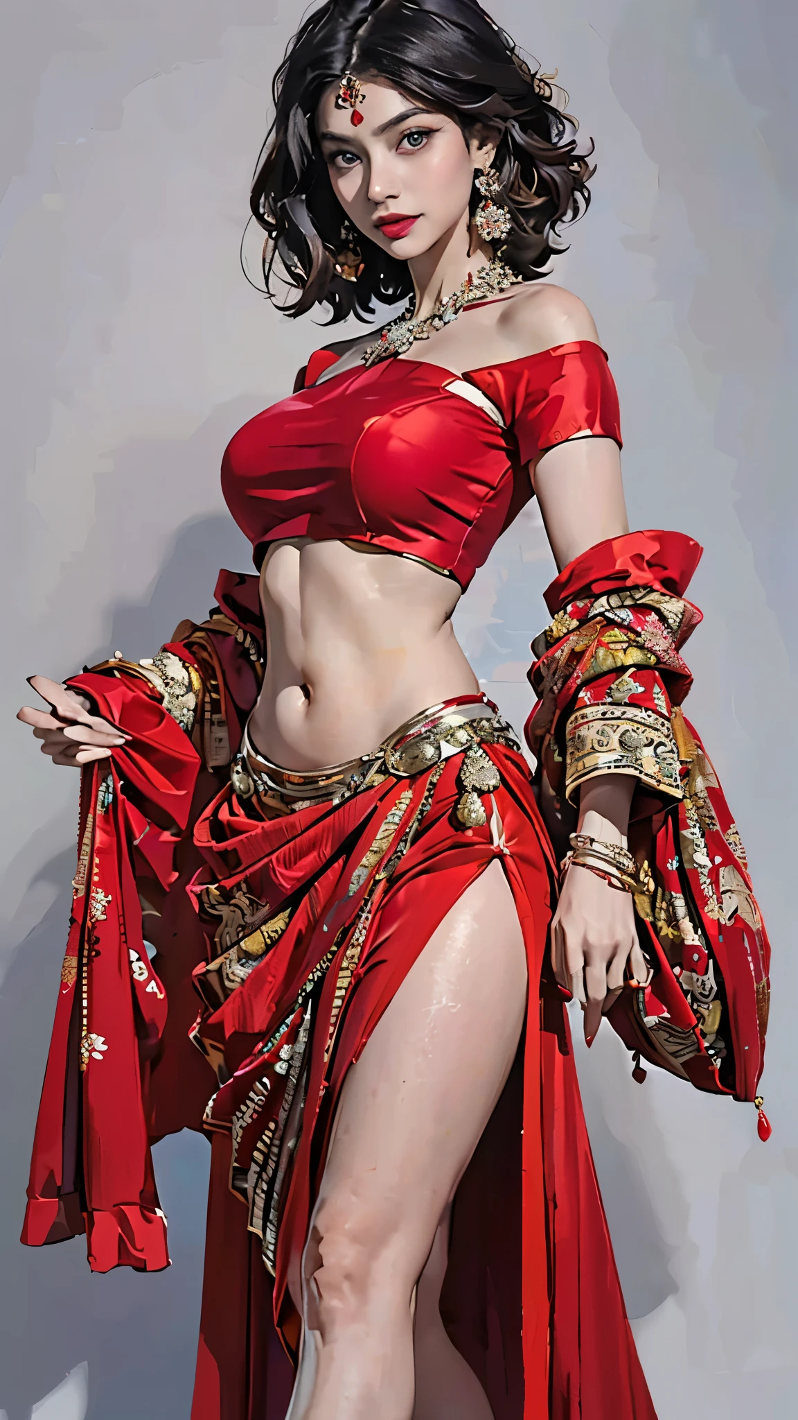 (Ultra-detailed, photorealistic, best quality, 4k,8k, highres, masterpiece:1.3), Featured is a Tawaif, a courtesan from the Indian subcontinent, ((who embodies the essence of mature allure, sophistication, and grace)), (((She boasts an elegant stature, complemented by a traditional figure, a slender waist, and well-sculpted features, epitomizing the quintessential Indian beauty))), (She is adorned with dark, lustrous hair), (striking almond-shaped eyes), ((and a fair complexion)), enhanced by vibrant, expressive makeup, (((She exhibits an exquisite traditional ensemble which has been modernized into a more sexy and daring outfit. This outfit still maintains elements of the traditional 'Lehenga Choli', but with a shorter, form-fitting blouse known as choli, and a thigh-high slit in the skirt known as lehenga, offering a traditional yet fashionable twist. She also wears traditional 'Kundan Jewelry', 'Anklets', and carries a 'Potli Bag'))), (The vibrant, daring lehenga choli presents a striking contrast against her fair skin), She is portrayed posing elegantly in her outfit, (exceptionally detailed:1.3),, super finely detailed hands, ultra finely detailed fingers(((ten fingers))), (posing elegantly), (full body showcase), (show full body), (no logos in the background), (no logo).