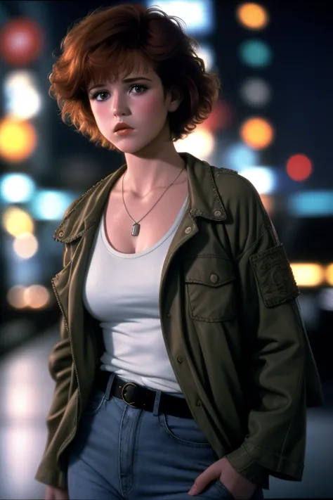 eighteen-year-old molly ringwald, frowning, with messy/shaggy razored/layered haircut with sideswept bangs, wearing olive-drab j...