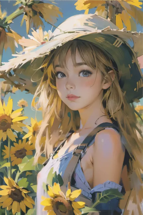 there is a young girl in a bodysuit standing in a field of sunflowers, artwork in the style of guweiz, made with anime painter s...