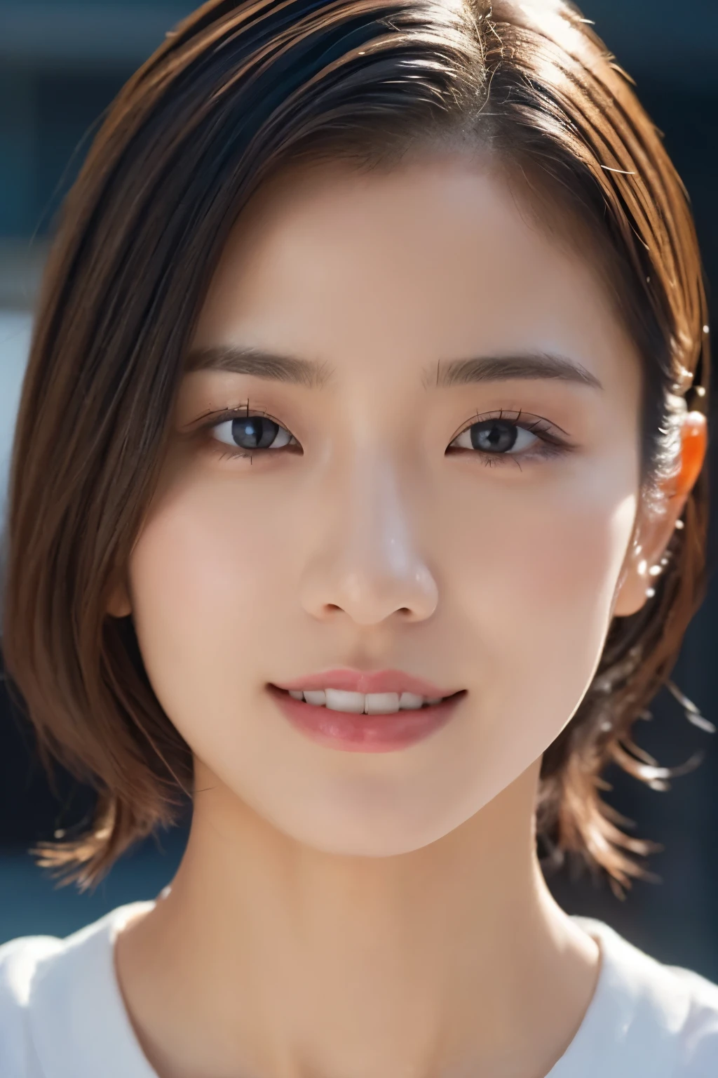 One Girl, (White underwear:1.2),((Close-up of face:1.4))、((a little heavy makeup:1.3))、 (RAW Photos, highest quality), (Realistic, Photorealistic:1.4), Tabletop, Very delicate and beautiful, Very detailed, 2k wallpaper, wonderful, In detail, Very detailed CG Unity 8k wallpaper, Very detailedな, High resolution, Soft Light, Beautiful detailed girl, Very detailedな目と顔, Beautifully detailed nose, Beautiful fine details, Cinema Lighting, City lights at night, Perfect Anatomy, Slender body, smile