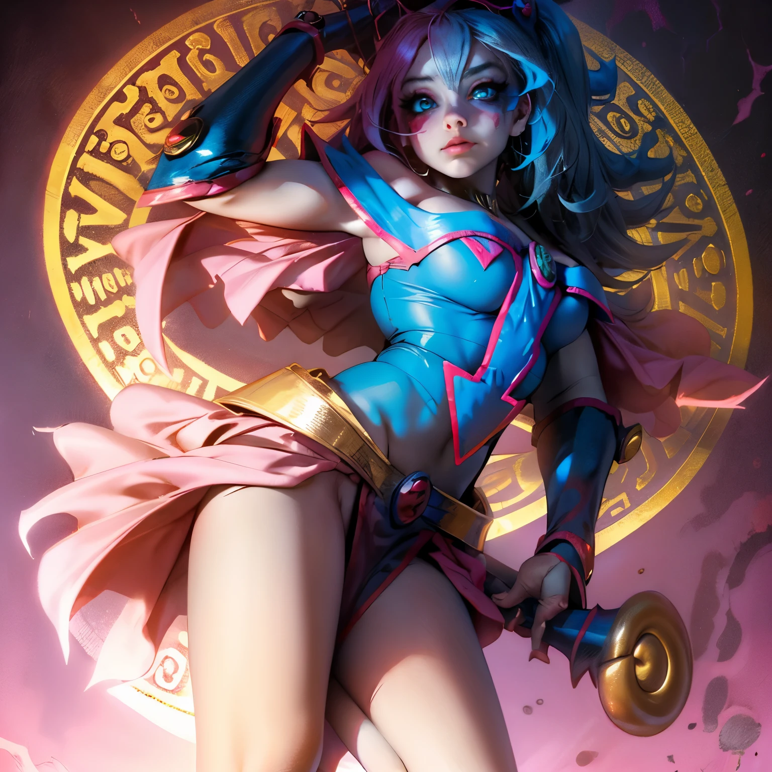Dark wizard Gils dressed as Harley Quinn. He has blonde and black hair. blue eyes. Red lips. Dark magician gils is dressed as Harley Quinn. Sensual and innocent pose. Circus and magic background.