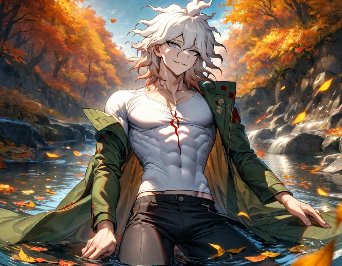 ultra détaillé, haute résolution, absurdes, HDR, Komaeda Nagito, cheveux blancs, Yeux argentés, Chemise moulante blanche, manteau long vert, Danganronpa, eau, automne, pétales, Feuilles orange et jaune, homme sexy, seulement, Extrêmement beau, visage et yeux très détaillés, pantalon noir, poitrine tonique, Souriant,