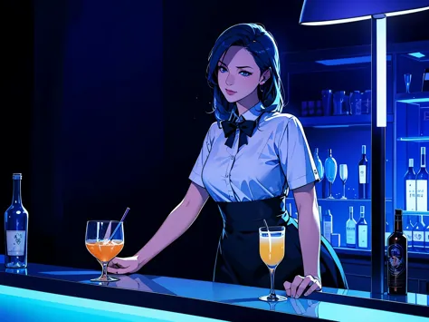 1 beverage cart, woman in a bar, night, led light, blue led, night, , drinks 5 euros, bartender making drinks