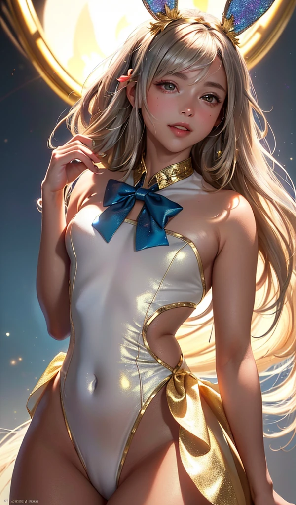 masterpiece, best quality, extremely detailed CG unity 8k wallpaper, (Upper Body head close-up shot of a beautiful little girl),((dark_skin)) , Elegant Long straight blonde hair, (Mckenna Grace), (flat chest,thighs), (Silver-blue) golden (Glittering tutu,long Bunny Ear Headgear, , Bow-tie, No panties, genitals visible), (spread legs), (Blush), oil skin, (seductive smile), (Wonderland), pretty face, key art, award winning, intricate detail realism hdr, by (ruan jia and artgerm and range murata), Photorealism, Hyperrealism, ultra realistic, dramatic light, intense shadows, gorgeous view, depth of field
 
