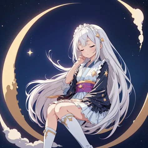 star fairy、(masterpiece, best quality), 1girl, sitting on the crescent moon、「a beautifully printed galaxy patterned kimono and g...