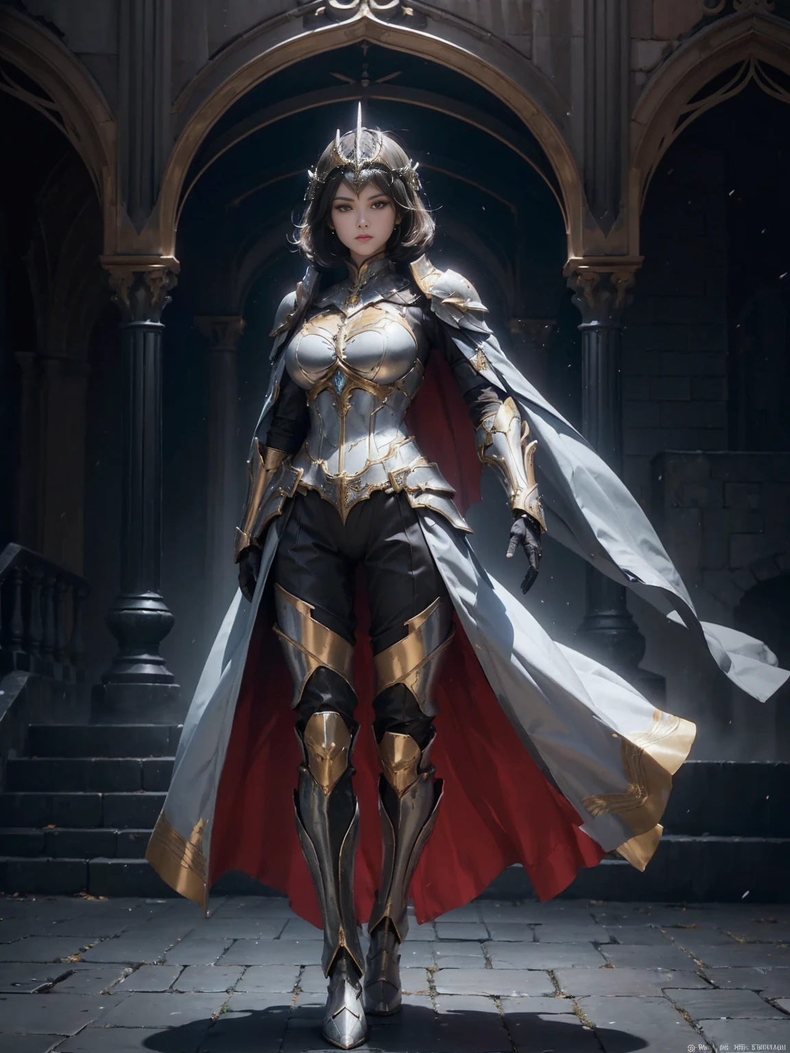((1 Full body single woman)) ,(Shooting from front and midle), looking at the camera, centered image, tmasterpiece，A high resolution,Absolutely beautiful, facing camera, Tall and tall，(big breast : 1.3), white short hair with updo, (full coverage black armor, Ornately decorated armor, Exquisite details of the armor and pants, warrior, gloves, helm, show armor iron boots, pauldrons with capes,  allure：young adult,（Tall：1.5），Rich scene detail，In the midst of the war，standing.