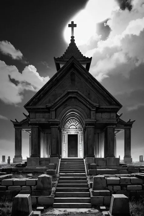 genera varias imagenes de la siguiente descripcion:a spirit dragging chains heads towards a greek-style mausoleum. you can see t...