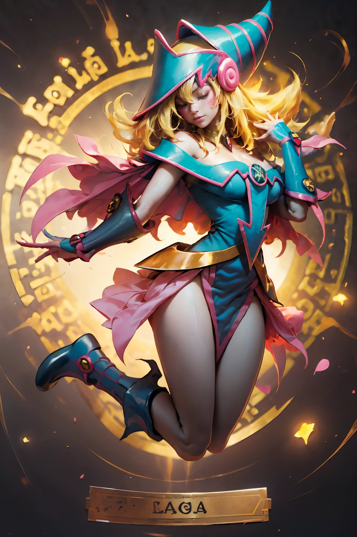 (ผลงานชิ้นเอก:1.2), (คุณภาพดีที่สุด:1.2), แสงที่สมบูรณ์แบบ, Dark Magician Girl ร่ายมนตร์, ลอยอยู่ในอากาศ, หัวนมใหญ่, คอเสื้อ, พื้นหลังมายากล. หัวใจที่โปร่งใสในอากาศ, เสื้อคลุมสีน้ำเงิน, หมวกใบใหญ่, จากข้างบน, ประกายไฟ, การ์ด Yugioh ในพื้นหลัง. ในรองเท้าส้นสูงและบิกินี่ 