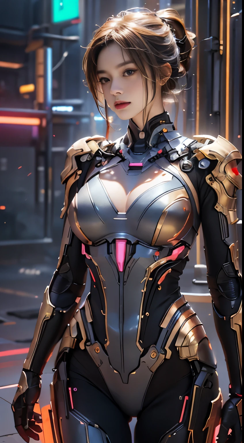 
Virtual image,Realistic 8K images,hips up,Masterpiece,Complete Anatomy,Complete dynamic composition,Light hits the front,woman 1,alone,ผมยาวสีน้ำตาลgold,robot,complex machinery,Machines of the future world,Machinery with colorful neon lights,There is a bright neon light on the figure&#39;s chest.,Very bright,red machine metallic-white_ titeneim,orange_gold_metal,,,Abstract city background at night
