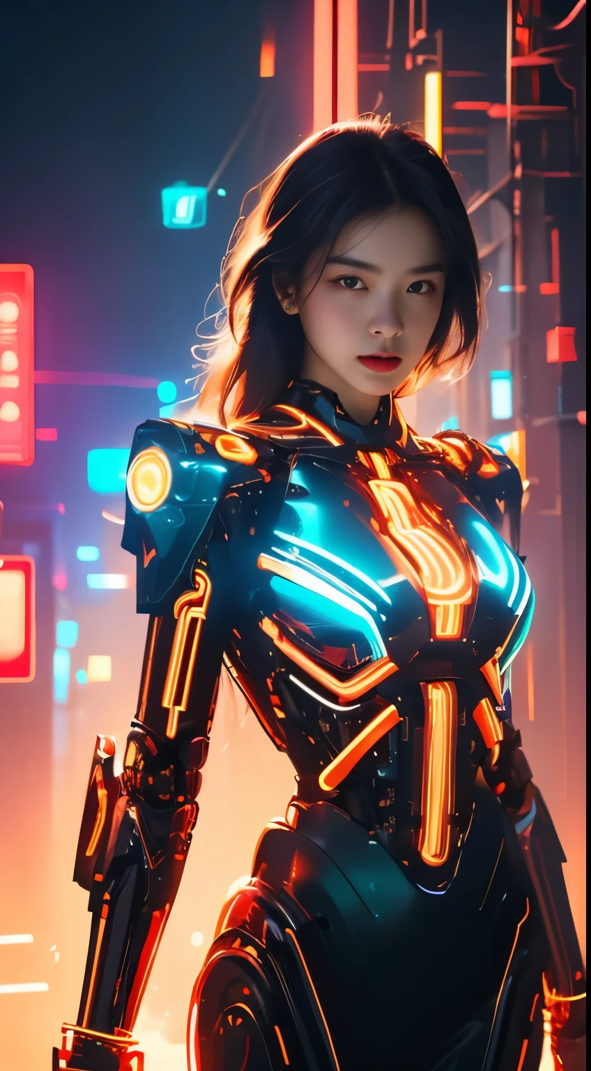 
Virtual image,Realistic 8K images,hips up,Masterpiece,Complete Anatomy,Complete dynamic composition,Light hits the front,woman 1,alone,ผมยาวสีน้ำตาลgold,robot,complex machinery,Machines of the future world,Machinery with colorful neon lights,There is a bright neon light on the figure&#39;s chest.,Very bright,red machine metallic-white_ titeneim,orange_gold_metal,,,Abstract city background at night
