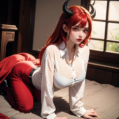 highly detailed, erotic seductive female with horns, tight shirt, (busty,  are so big that shirt keeps popping, red hair), face ...