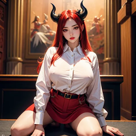 highly detailed, erotic seductive female with horns, tight shirt, (busty,  are so big that shirt keeps popping, red hair), face ...