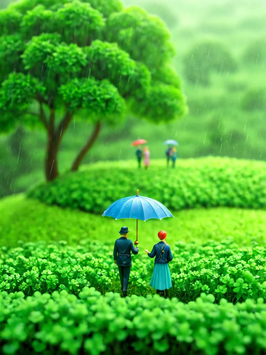 这是一个微缩场景. 图片中间是一朵三叶草. 有些人在三叶草旁边打着伞. 郁郁葱葱的风景, 春天, 雨, 柔雾,高清自然光, 移轴摄影, 摄影作品, 辛烷值渲染