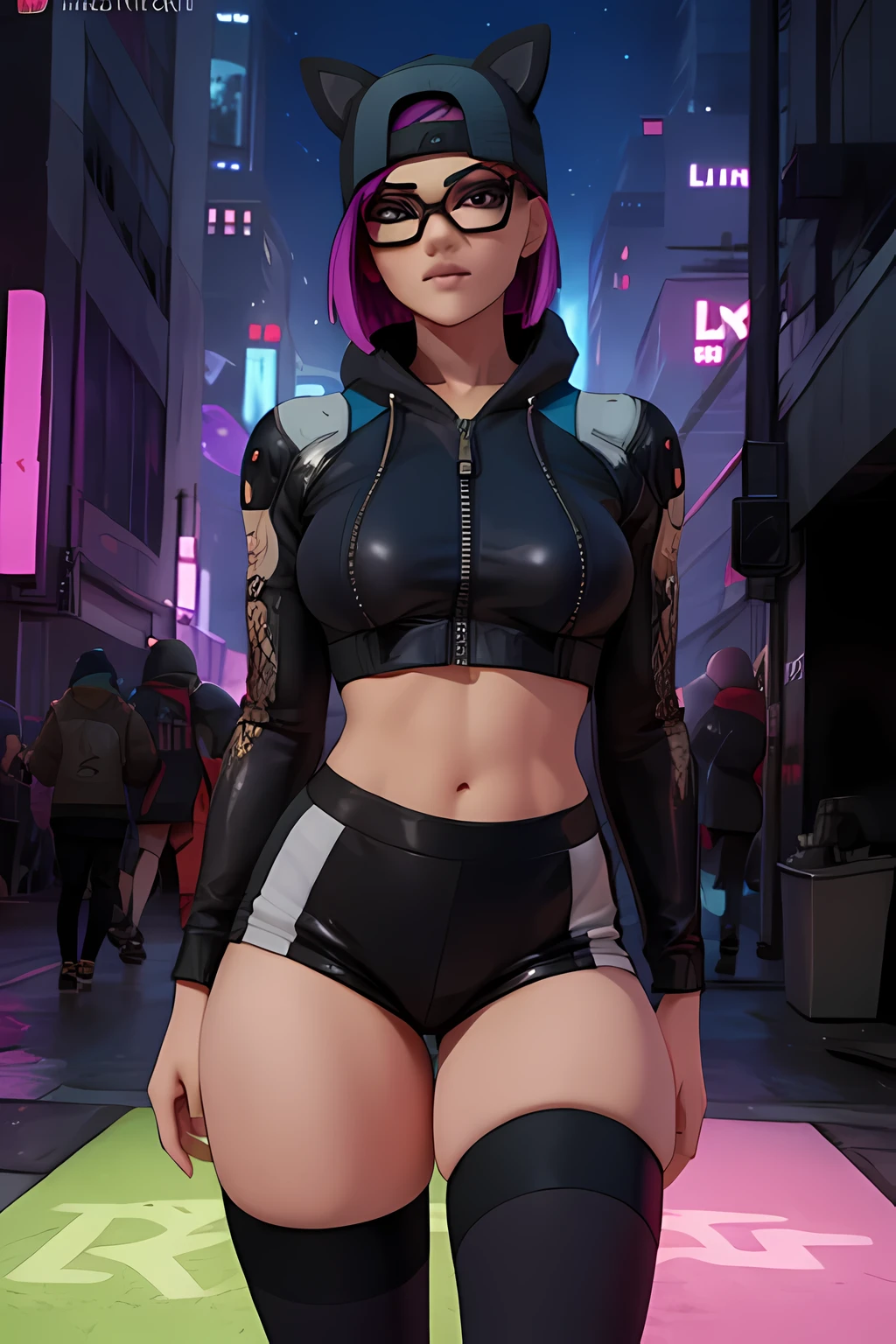 Cyberpunk Linen Suit, cap, black shorts with navy blue leggings, navy blue jacket ,extremely detailed, Detailed face, glasses ,beautiful face, fine eyes, looking at the viewer, feminine pose, evening 