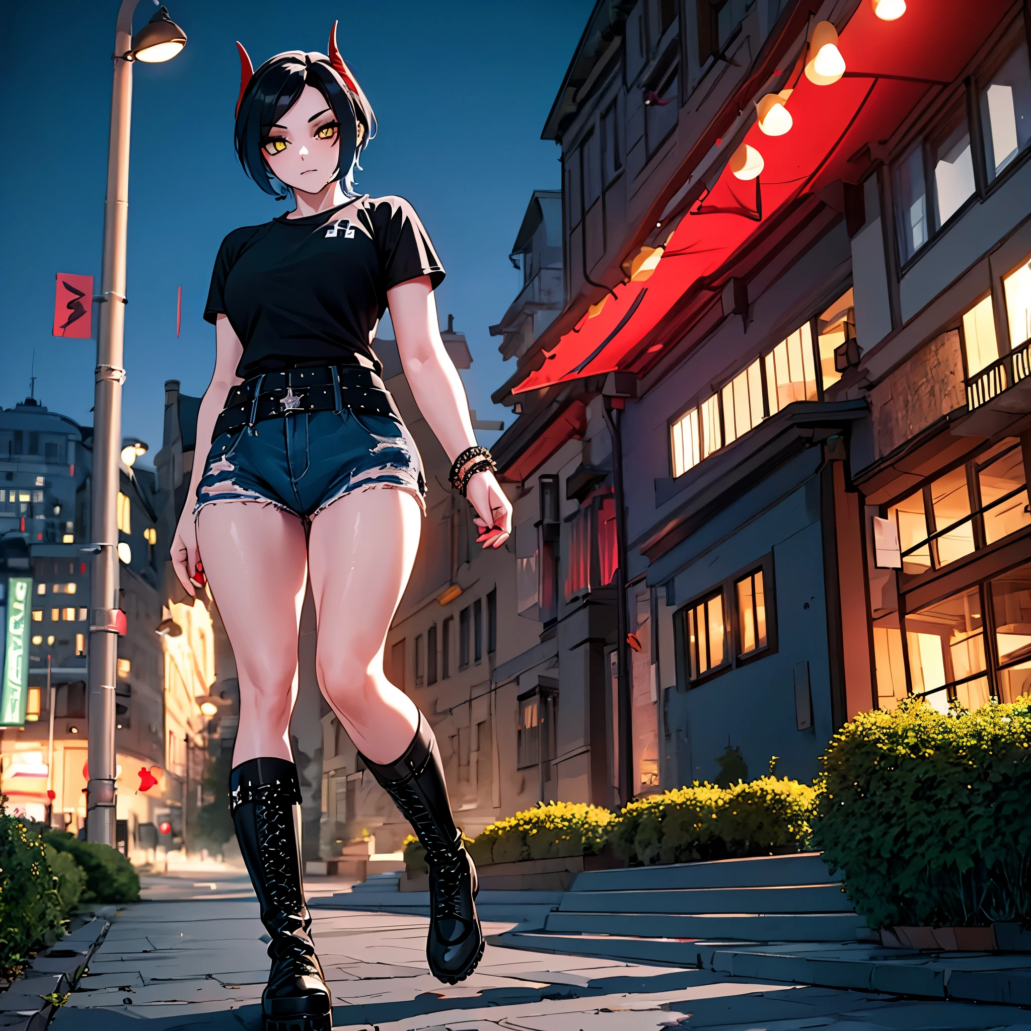 a woman wearing a black shirt, black denim shorts, wearing bracelets with the iron cross symbol, black boots, short black hair, red horns, yellow eyes, walking on a walk in a park at night..HDR, ultra resolution, well defined, masterpiece, 8K HD. (solo woman)
