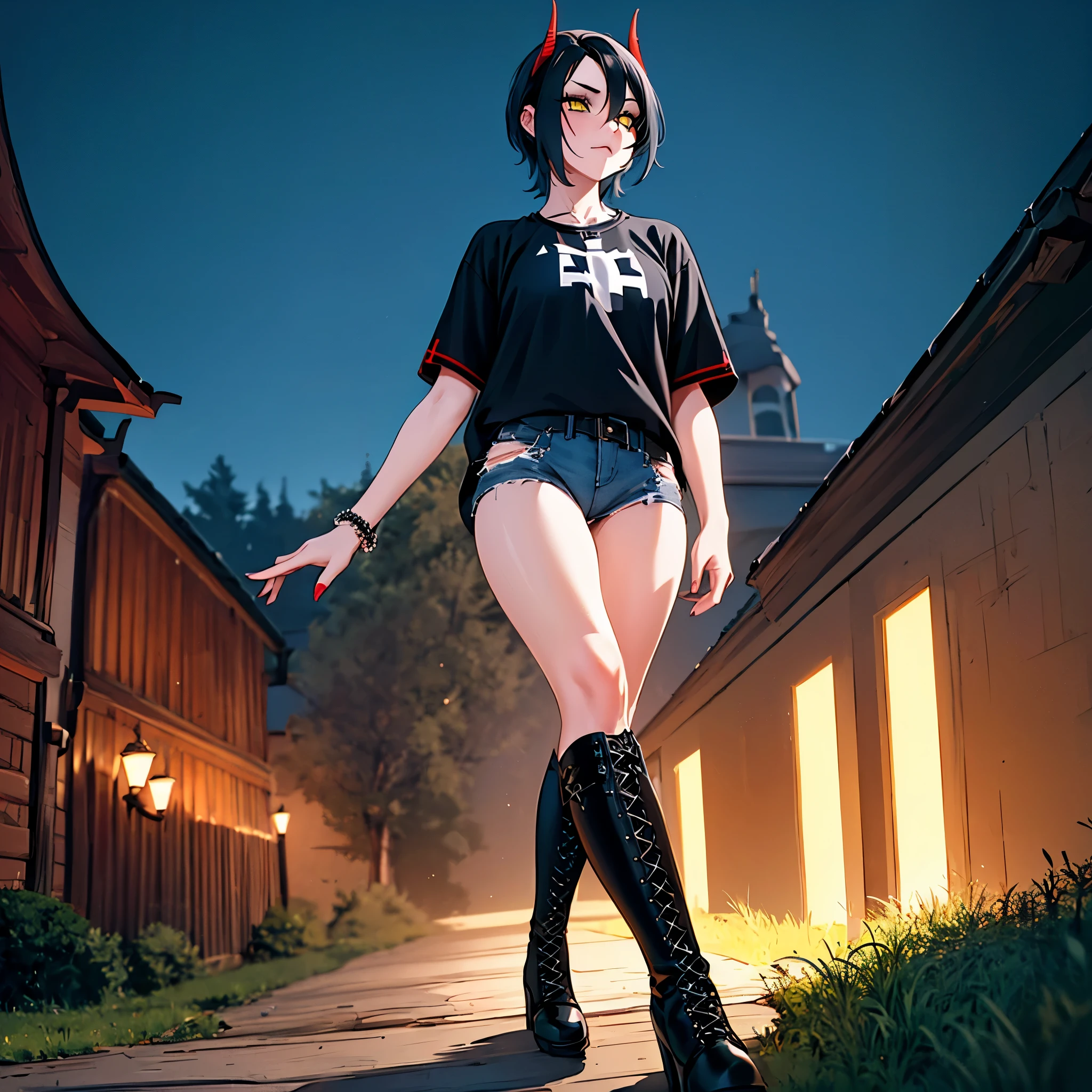 a woman wearing a black shirt, black denim shorts, wearing bracelets with the iron cross symbol, black boots, short black hair, red horns, yellow eyes, walking on a walk in a park at night..HDR, ultra resolution, well defined, masterpiece, 8K HD. (solo woman)
