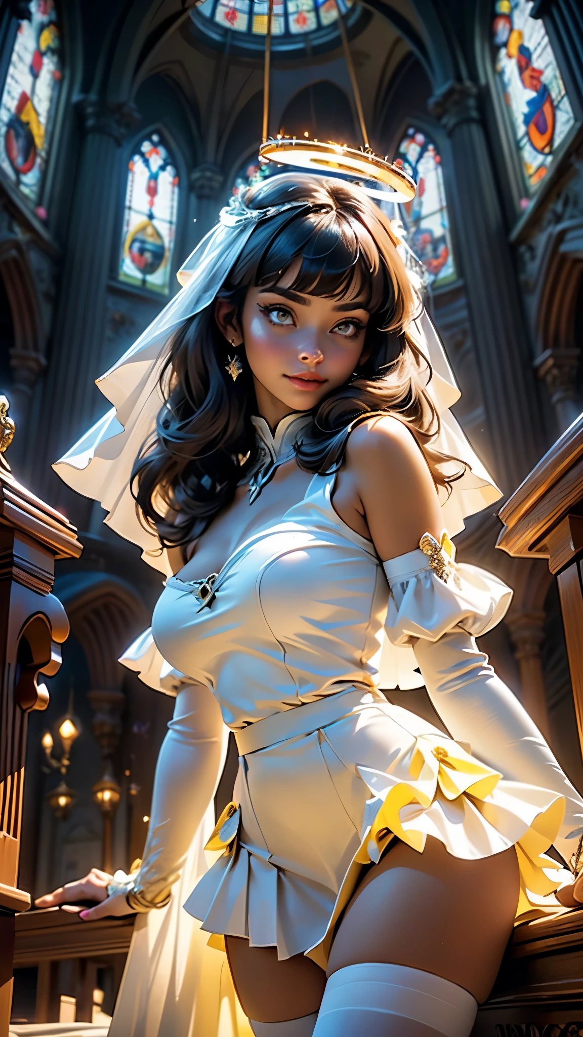 nun girl,(((1girl))),(((16 years old))),

(large breasts:1.2),((((blunt bangs,gray hair,long hair,sidelocks)))),((yellow_eyes:1.5)),(cross-shaped pupils,symbol-shaped pupils),intricate eyes,beautiful detailed eyes,symmetrical eyes,Big eyes:1.5,((fat)),(((lustrous skin:1.5,bright skin: 1.5,skin tanned,shiny skin,very shiny skin,shiny body,plastic glitter skin,exaggerated shiny skin,illuminated skin))),(spider lower abdomen,narrow waist,wide hip,athletic body,inflated legs,thick thighs,detailed body,(detailed face)),

cute,slutty,seductive,erotic,(nsfw),

(bare shoulders,black bow,black bridal gauntlets,bow ,breast curtains ,bridal gauntlets ,cleavage,hair bow),((black dress ,black sleeves,detached sleeves,dress,frilled skirt ,frilled sleeves,frills,layered skirt,skirt,sleeveless,sleeveless dress,white skirt,wide sleeves)),(black thighhighs,thick thighs,thigh strap ,thighhighs ,thighs),((nun)),((halo:1.5))

(dynamic pose:1.0),smile(centered,scale to fit dimensions,Rule of thirds),

((church,Huge floor-to-ceiling windows)),entrance lights through the windows,scenery:1.25,intricate scenery,((church background)),

(Glossy church ornaments),highres,sharp focus,(ultra detailed,extremely detailed),(photorealistic artwork:1.37),(extremely detailed CG unity 8k wallpaper),(((vibrant colors,vibrant theme))),(intricate),(masterpiece),(best quality),artistic photography,(photography taken by sldr),(intricate background),perfect rendered face,perfect face details,realistic face,photo realistic,((intricate detail)),(((realism))),