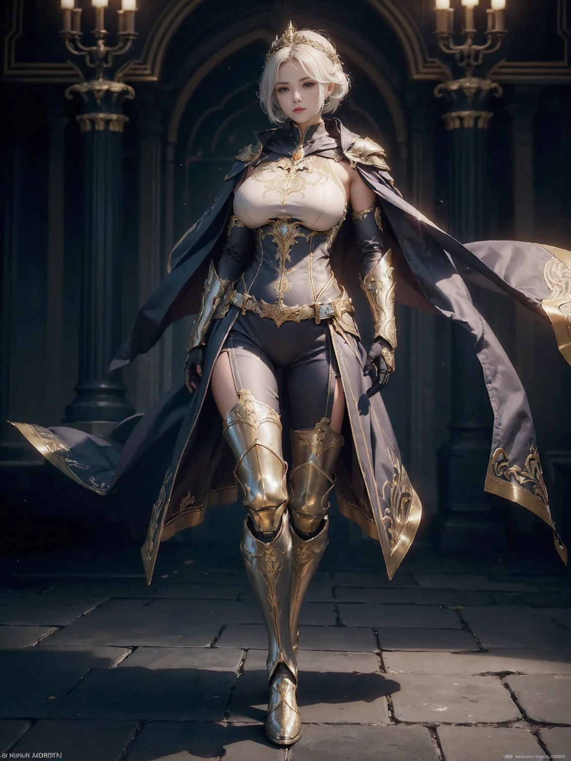 ((1 Full body single woman)) ,(Shooting from front and middle), looking at the camera, centered image, tmasterpiece，A high resolution, Absolutely beautiful, perfect shaped body of woman, facing camera, Tall and tall，(big breast : 1.5), white short hair with updo, (full coverage metal armor, Royalty Ornate decorated armor and pants, Exquisite details of the armor and pants, lace stockings, warrior, gloves, show armor iron boots, pauldrons with capes, allure：young adult,（Tall：1.5），Rich scene detail，In the midst of the war，standing.