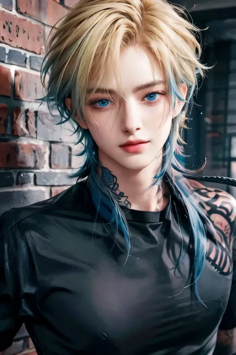 a close up of a person with blue hair and a tattoo on, by Yuumei, beautiful androgynous prince, stunning realistik face portrait...