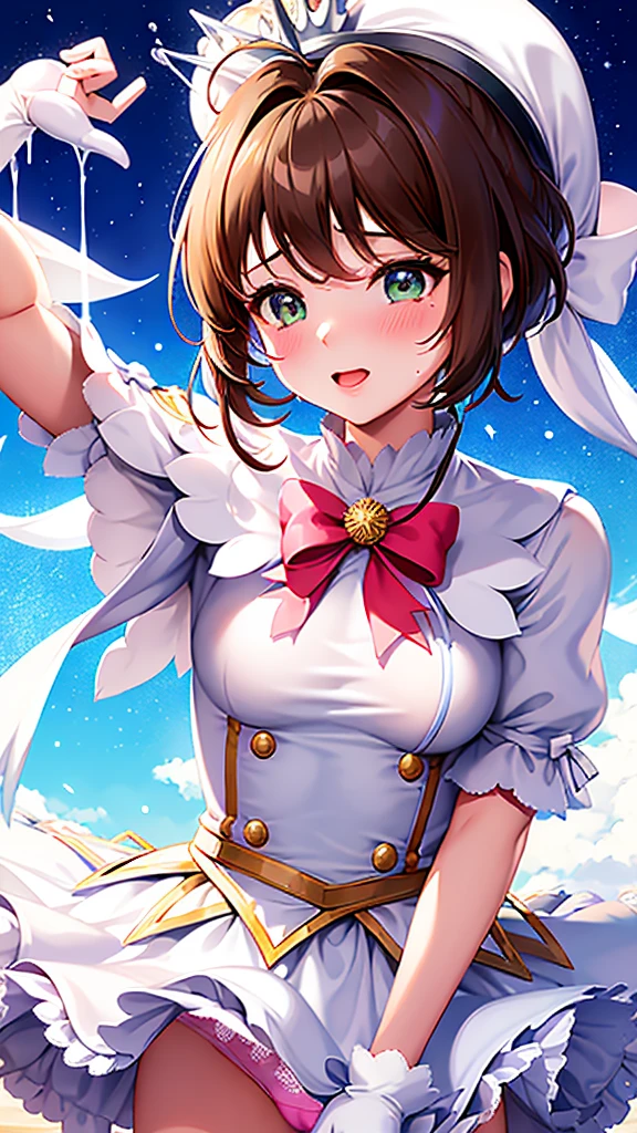 masterpiece, highest quality, High resolution, kinomoto sakura, One girl, brown hair, short hair, antenna hair, Ahoge, Crown, Green Eyes, White Dress, No sleeve, White gloves,Retention Staff, smile, Open your mouth, Cowboy Shot, blue sky,Cane,A lot of semen on the faceが垂れている、A lot of semen drips onto my face、Sobbing、Crying face、Sad look、Tears flow、A lot of semen on the face、Semen dripping from her mouth、Semen dripping from my mouth、Covered in semen all over the face、Semen dripping on hair、A lot of semen on the faceが垂れている、Facial、A large amount of semen is dripping on the face、Semen was splashed on my face、Semen is ejaculated forcefully from the man&#39;s penis and splashed on the girl&#39;s face、Adult female、The exact number of fingers、Exact number of legs、Exact number of arms、bangs, Ribbon Ponytail, brown hair, (blush:1), (Put one hand in your panties:1.8), Fingering, (Pussy juice:1.2), Cum in mouth, (A woman is holding a microphone and is about to sing:1.5)、white and navy idol costume、The costume comes with a navy blue idol-style corset.., The costume has a ribbon attached to its collar..、It is a costume that covers up to the shoulders., side, upper arm, and arms., That costume only opens wide at the chest..、Knee-high socks、white idol style skirt, (Underwear with elaborate and luxurious decorations:1.3), Ribbon at collar., (White and pink panties with lots of lace:1.3), White Lace Bra:1.2), Sexy Underwear, Knee socks、 Beautiful big breasts, (Erect nipples:1), Her skirt is flipped up、highest quality, High resolution, (Fine and beautiful eyes:1.6), Highly detailed face, Perfect lighting, Highly detailed CG, (Perfect hands, Perfect Anatomy),Embarrassed expression、The expression of someone who is holding back from going to the toilet, (Sexual pleasure expression:1.4), (Expressions of anguish:1.2)、close your eyes、sexy look、Look Up、mouth half open、climax、(Live Stage、Many spectators:1.3)、whole body