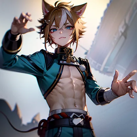 a drawing of a person with a cat ears and a shirt, tall anime guy with blue eyes, male anime character, fluffy chest, anime hand...