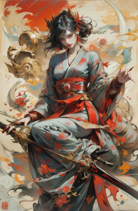 Beautiful demon painting, Demon woman with a Japanese sword, A strong female warrior, fencer, Female Bodyguard, Combat pose, Bea...