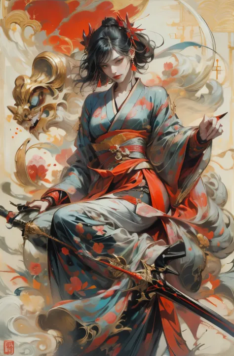 Beautiful demon painting, Demon woman with a Japanese sword, A strong female warrior, fencer, Female Bodyguard, Combat pose, Bea...