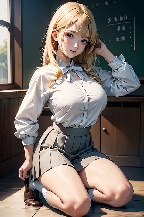 kitagawa marin,neat blouse,white blouse,tight blouse,button the blouse,in the classroom,pleated skirt,short skirt,high school gi...