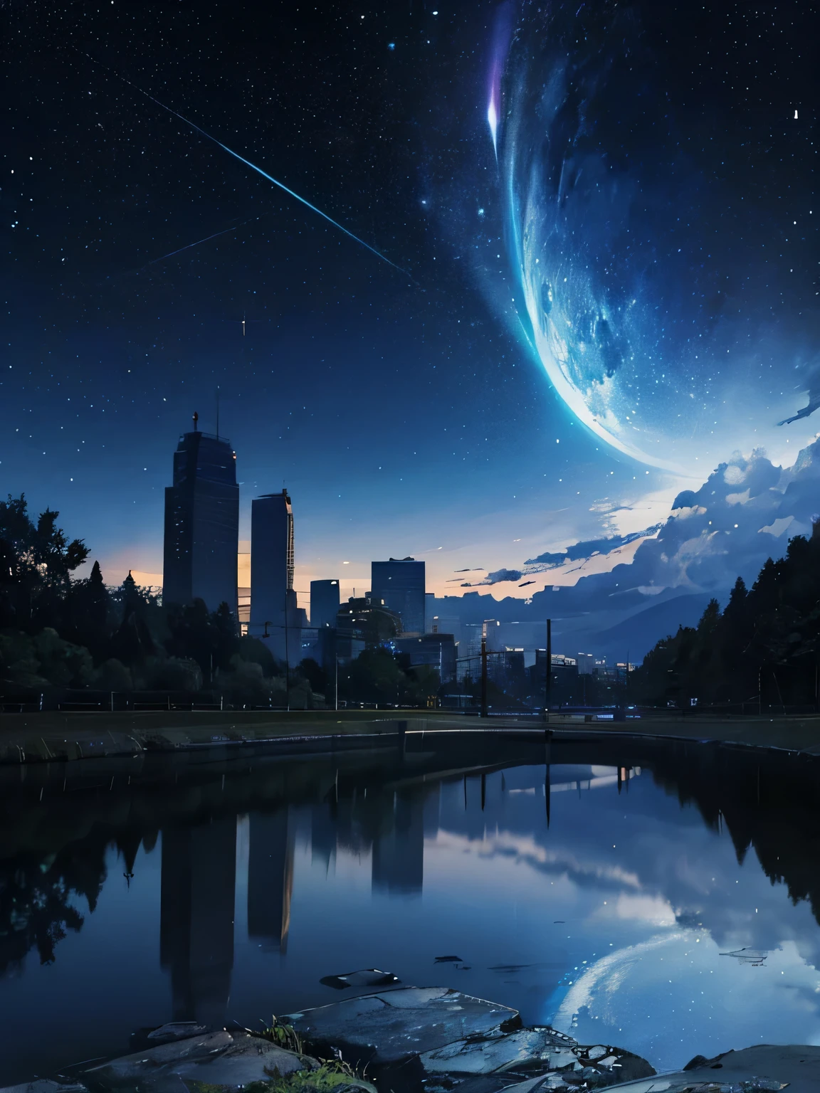 A dark and starry night and an empty road being slightly illuminated by the light poles 