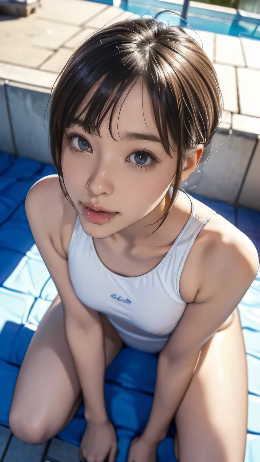 (Flying debris:1.2),(8K High Resolution), (highest quality), (RAW Image Quality), (reality), (that&#39;realistic:1.37), Big eye,Long eyelashes,that&#39;Exquisite（Live-action realistic style）,The ultimate face,realistic光と影,Distinct facial features,Milky skin, Skin with attention to detail,realistic skin details,Visible pores,（Very detailed）,(short hair),best portrait,((Photo taken from a distance, from the front)), Only one girl, Cute type,fine and beautiful eye, Beautiful and detailed nose, Very detailedな肌) ,(Beautiful face with double eyelids), (realism: 1.4),Great details, Ultra-high resolution,,,Delicate and beautiful face,,Age 25,(Beautiful Face 1.4),thin,,((School poolside)),, ((Wear a school swimsuit&#39;Wearing a uniform and making eye contact with the audience)),Wear a school swimsuit, Very beautiful legs,((Crouching in front of the viewer))),squat with your legs slightly open,the hospital floor is white,Crouching in front of the viewer,((Crouching in front of the viewer)), ((15-year-old girl, slim, Thin waist, thin thighs, thin arms, smile)), (((Look up, (View from above:1.2), Semen On , Penis Facial,  ((Sticking out tongue, Open your mouth)), close ~ eye))), (Wet Face, Wet Hair)