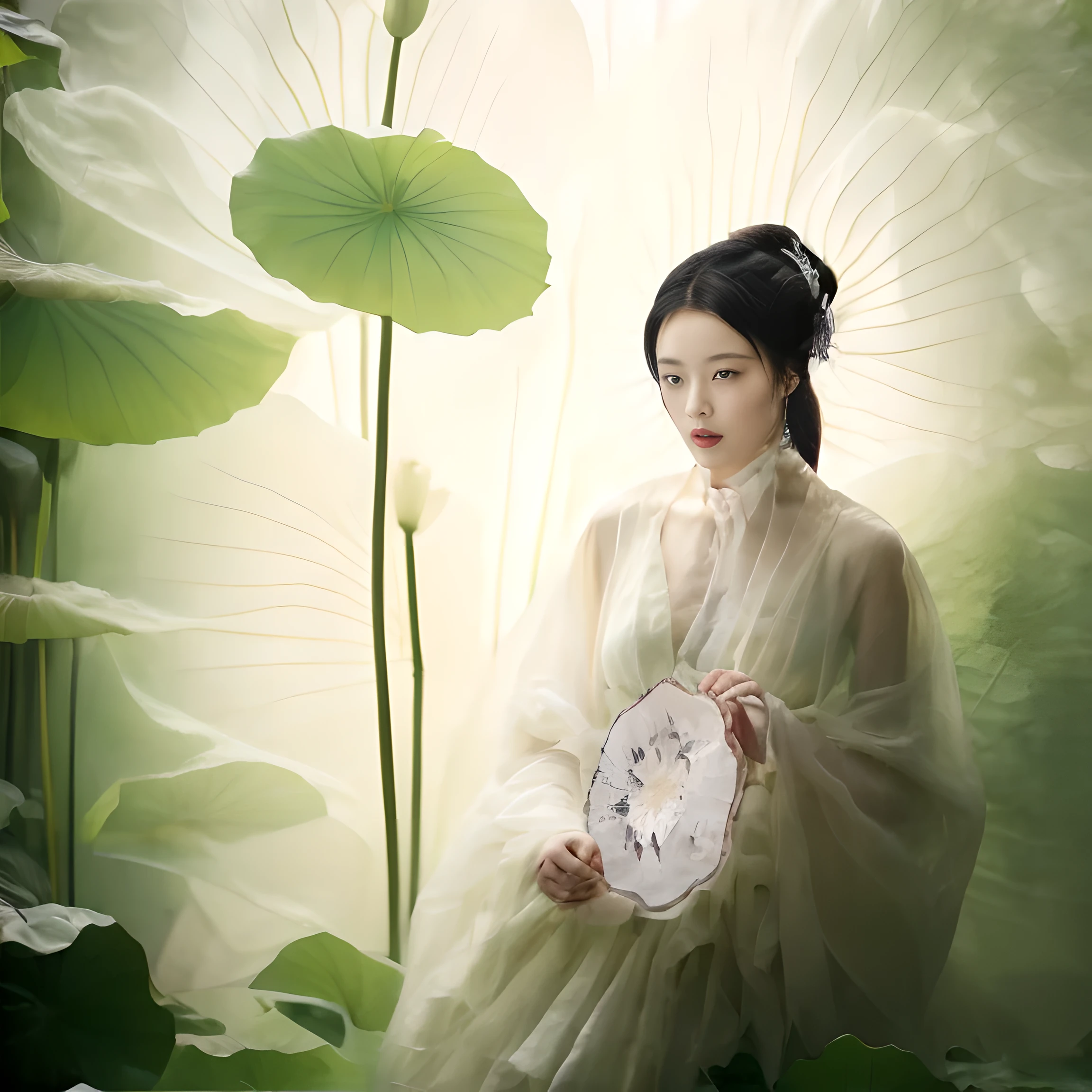 A girl，solo，Giant lotus leaf，Black Hair，dress，Looking at the audience，White skirt，Hair Bun，
Sitting，单Hair Bun，Leaves，Long sleeve，Red lips，Realism