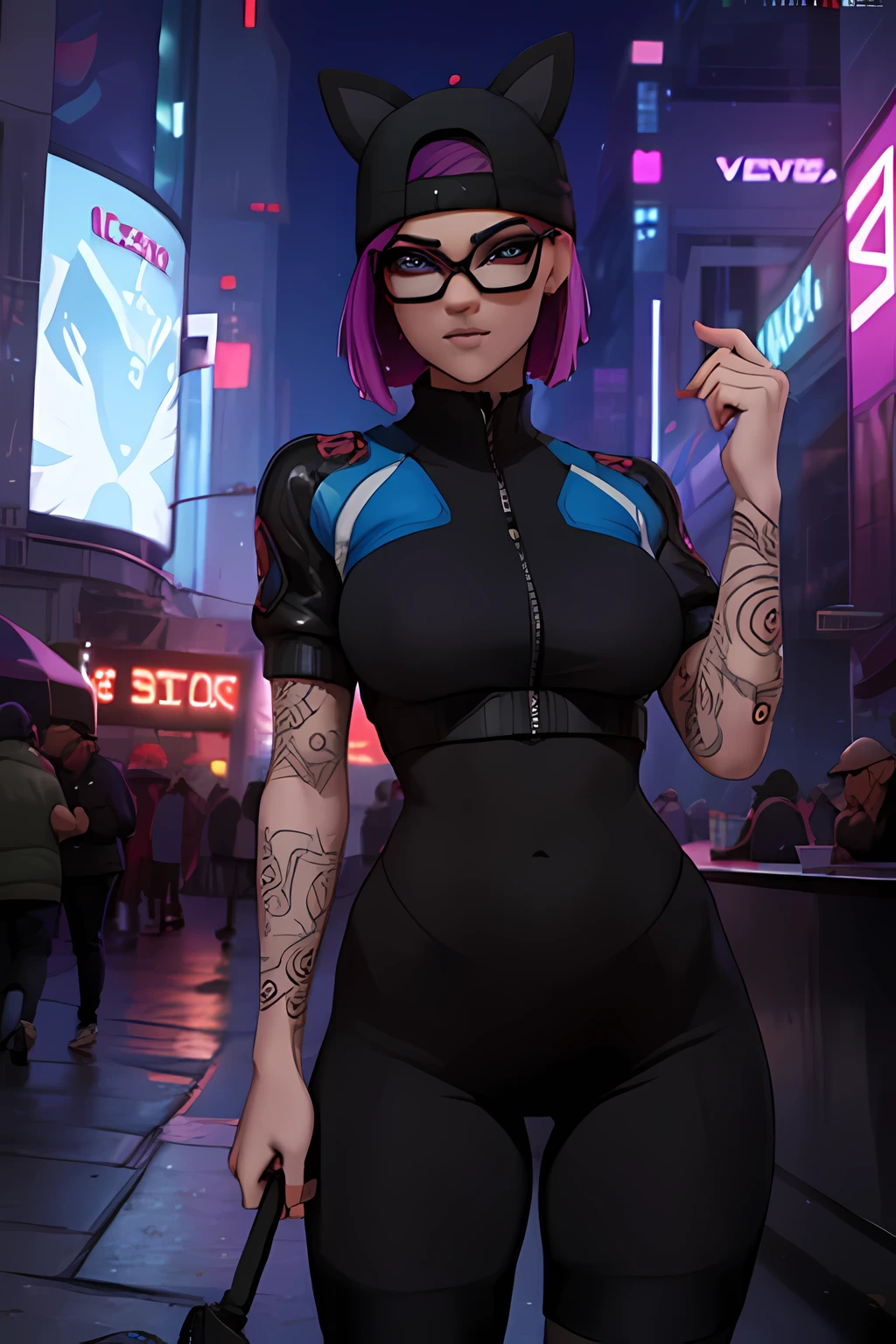 Cyberpunk Linen Suit, spikes bracelet,winter hat , black shorts with navy blue leggings, navy blue jacket ,extremely detailed, Detailed face, glasses ,beautiful face, fine eyes, looking at the viewer, feminine pose, evening 