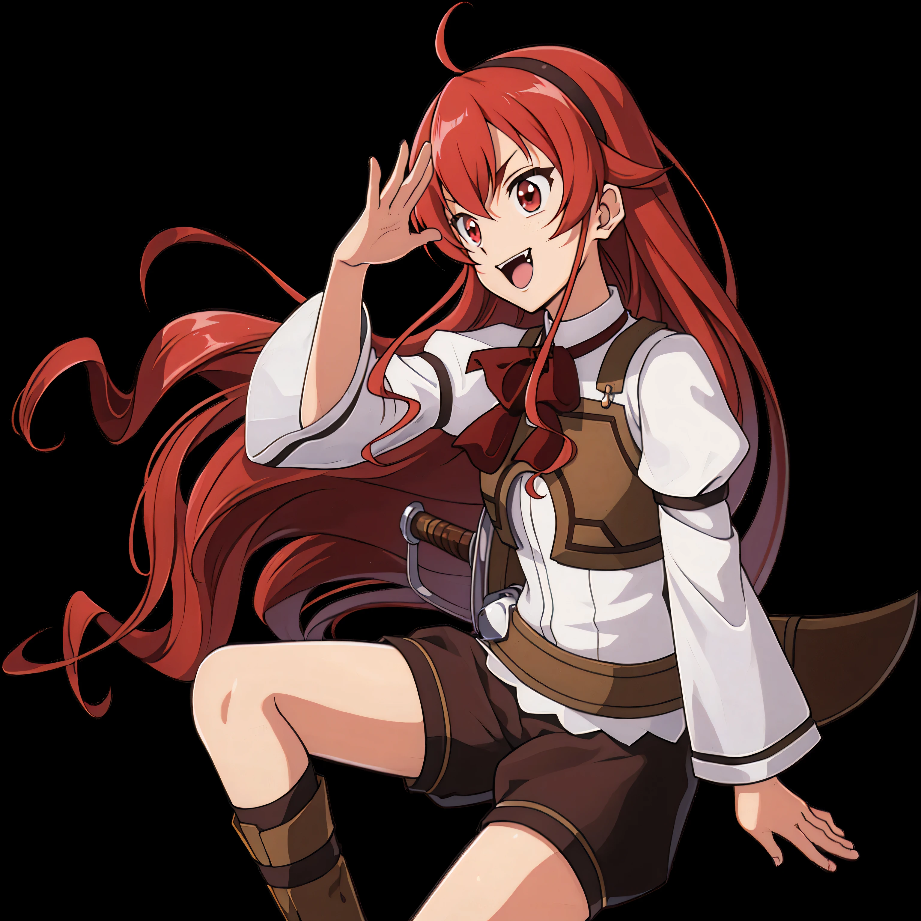 Anime girl with red hair and brown boots sitting on a black background -  SeaArt AI