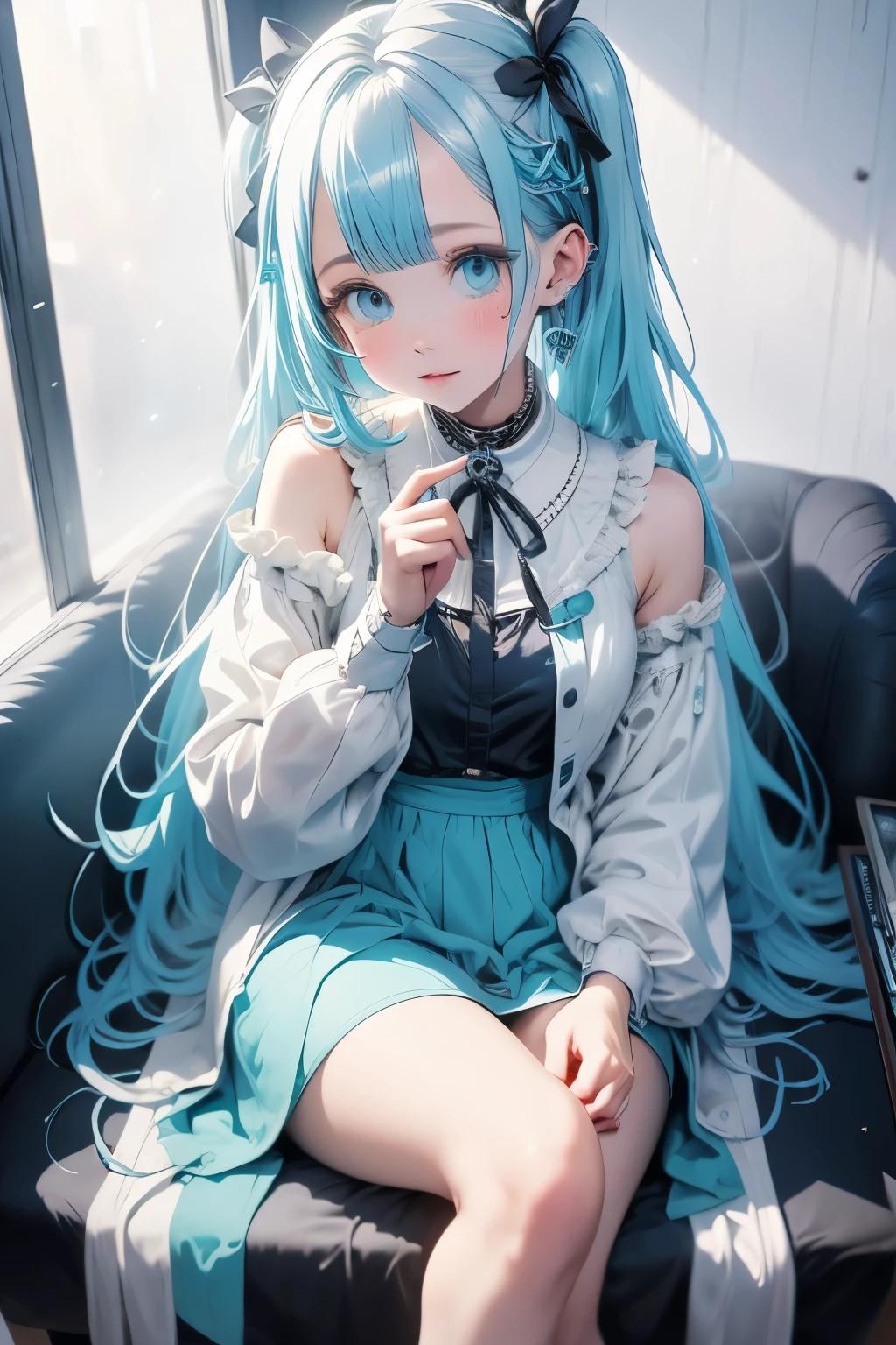 Pintura de alta qualidade, Obra de arte, Miku Hatsune, Grandes olhos azuis, tecido material brilhante, Cabelo brilhante, sentado em uma cadeira operando um computador,