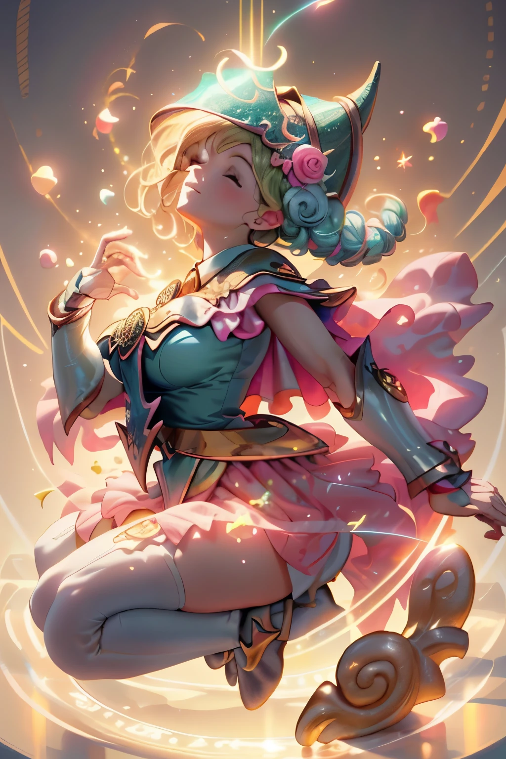 Masterpiece:1.2), (The best quality:1.2), Perfect lighting, dark magician girl, casting a spell and floating in the air, big tits, neckline, magic background. Transparent hearts in the environment,  She wears heels