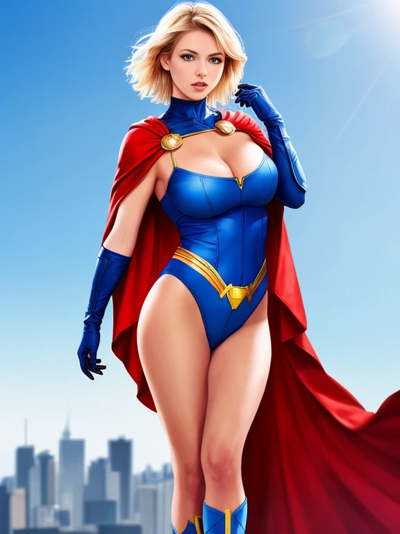 masterpiece,best quality,highres,realistic,1girl,full body,blonde_hair,cape,short_hair,gloves,cleavage_cutout,clothing_cutout,blue_eyes,superhero,standing,