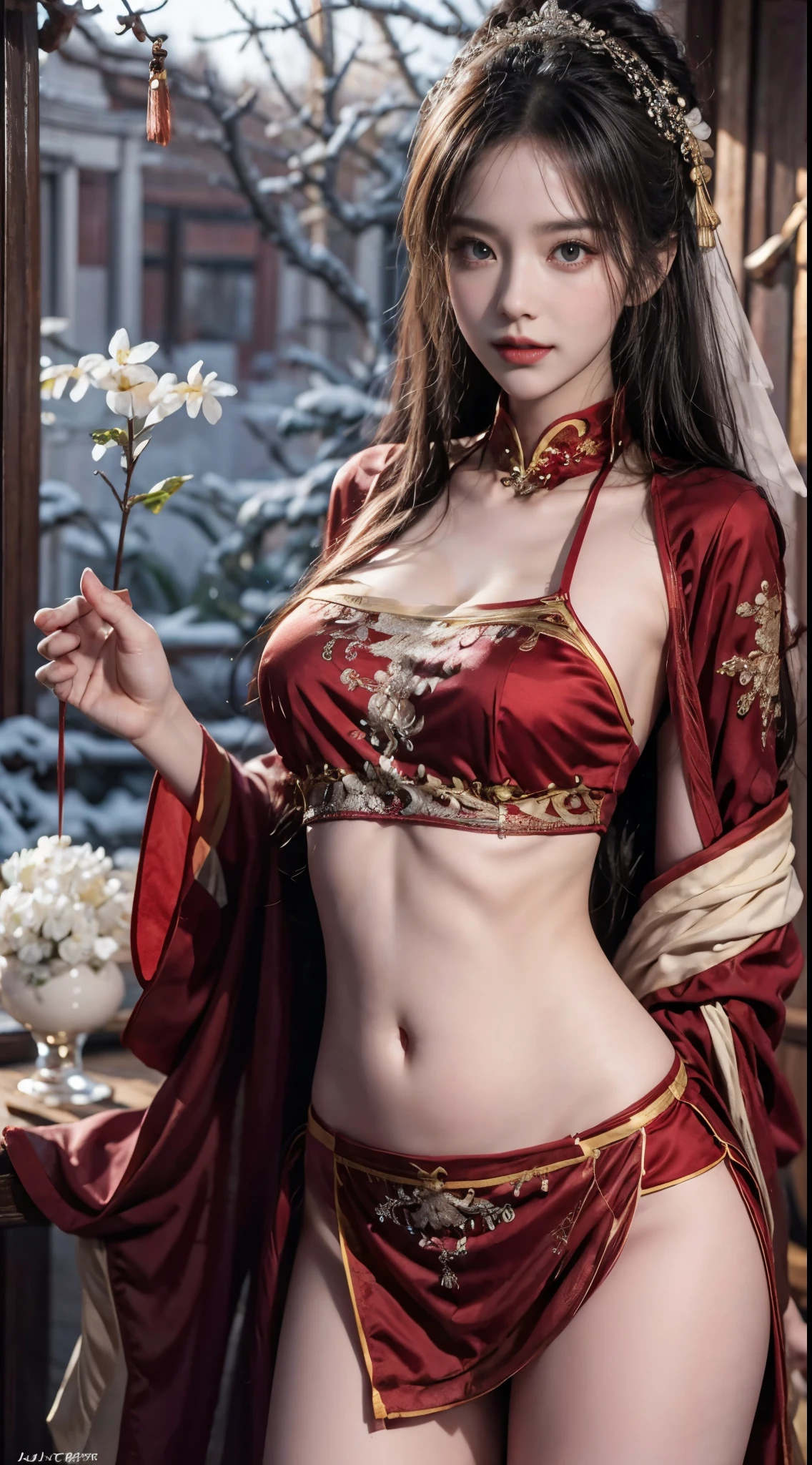 (Masterpiece), (absurderes), (The lens focuses on the thigh), Shiny skin, Girl, Solo, pupils sparkling, long eyelasher, Closed mouth, Long hair, Striped hair, Wavy hair, (Chinese belly pocket:1.27),(Red plush cloak:1.2)，view the viewer, (Cover with snow，the night，Bright old temple:1.3), Cinematic lighting，(Ultra-realistic textile textures)，,an award winning photograph, Extremely detailed, Amazing, finedetail, (Extremely detailed eyes:1.125) and face,  Kodak Porter 400 camera F1.6， Rich colors of the lens ，hyper realistic lifelike texture ，unreal-engine ，ArtStation Cinestill 800 tungsten lamp trend, Beautiful woman, Ulzzang-6500, (seductive grin smile),