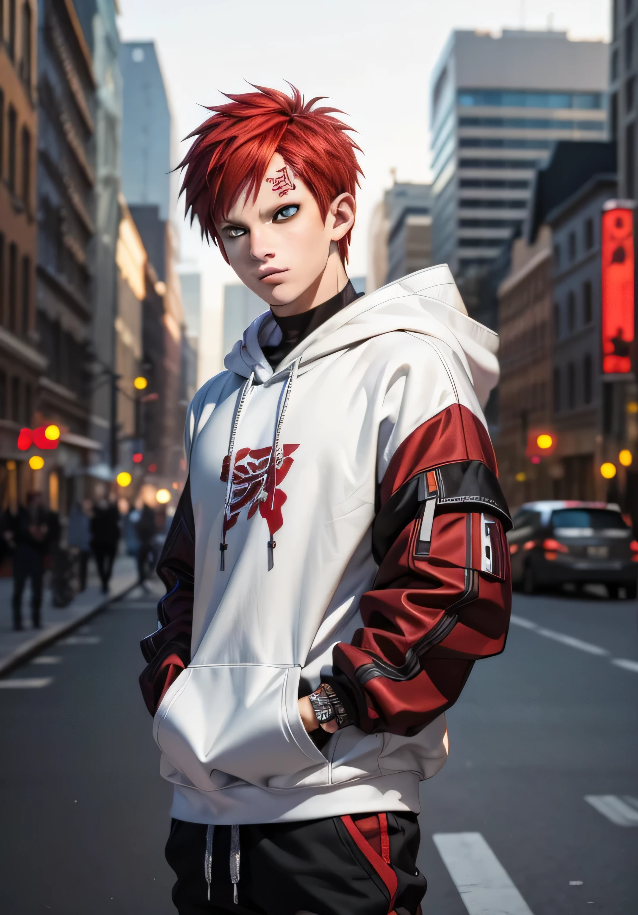 masterpiece, ultra-detailed, 1boy, male focus, upper body shot, Gaara wearing Streetwear Hoodie, red hair, look at viewer, happy face, Hands in pockets, vibrant colors, cityscape background, dinamic lighting, highly detailed face, stylish, urban style, cool attitude, bokeh, blurry background,