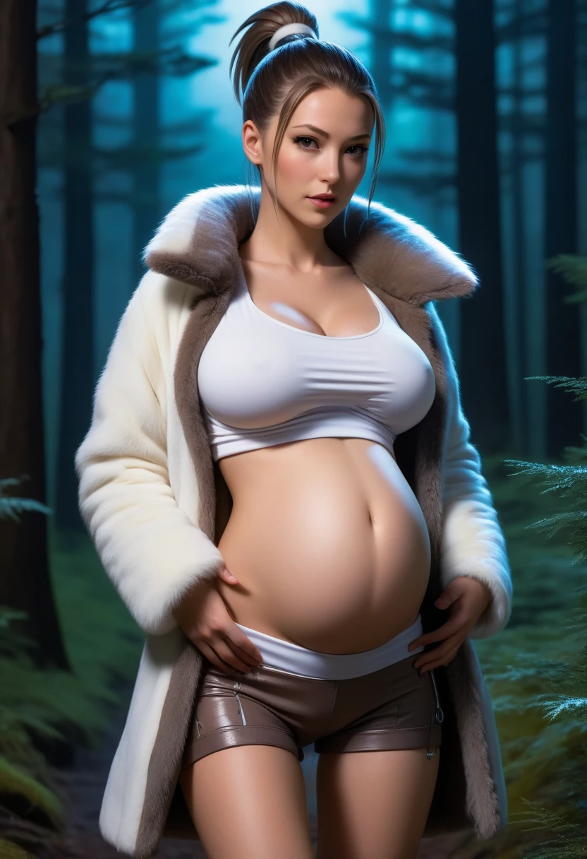 masterpiece, best quality, high resolution, 8k, JK,1 girl,Pregnant women,Sexy,Medium breasts,In the forest,Gray eyes, high ponytail, Cyberpunk, White top, Open belly, shorts, Fur coat,walk,night
