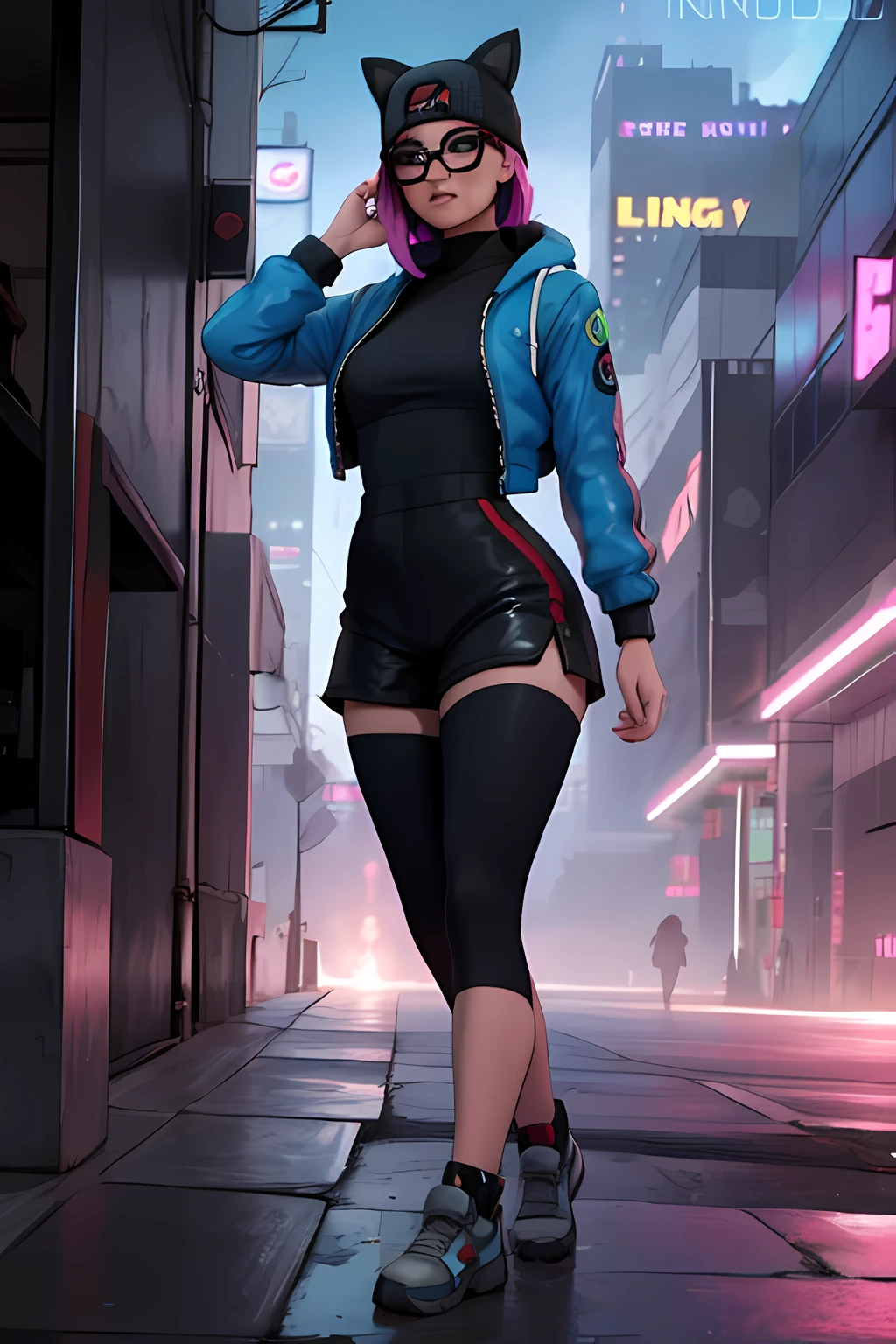 Cyberpunk Linen Suit, evening, spikes bracelet,winter hat , black shorts with navy blue leggings, navy blue jacket ,extremely detailed, Detailed face, glasses ,beautiful face, fine eyes, looking at the viewer, feminine pose