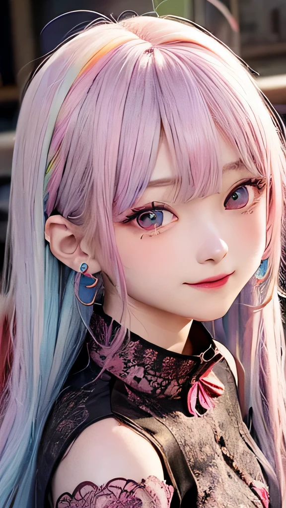 Small face、 (alone:1.5,)Very detailed,Bright colors, Very beautiful detailed anime faces and eyes, Look straight ahead,  Shiny_skin,girl, (((Rainbow Hair, Colorful Hair, Half light blue、Half pink hair: 1.2))), 、Shiny hair, Delicate beautiful face, blush、Glasses、(Turquoise Eyes), , Valletta, Earrings,、Flower Garden、Sunset、(((Floral、Fashionable lace,tight、Semi-transparent red short-sleeved shirt)))、（Twin tails）、smile、Happy Face、face dyed red、Cheerful pose、dynamic、、Place your hand on the Glasses、（turn right）