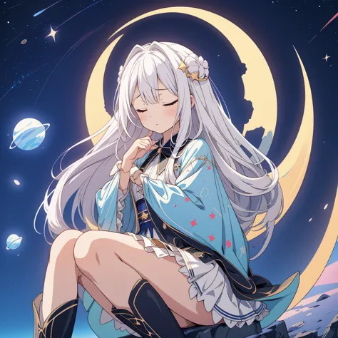 star fairy、(masterpiece, best quality), 1girl, sitting on the crescent moon、「a beautifully printed galaxy patterned kimono and g...