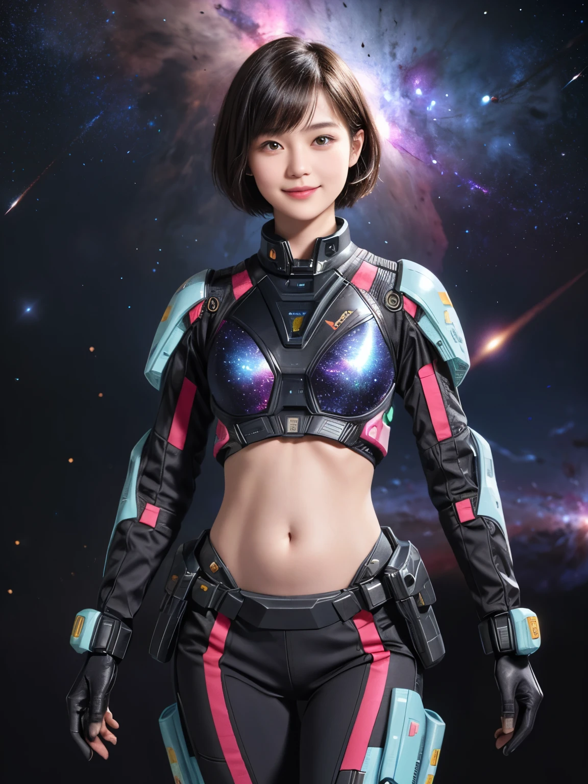 213 Short Hair, 20-year-old woman, A kind smile, Floral, Futuristic clothing, machinery suit, (The background is a galaxy and nebula), ((Clothes that show the stomach))
