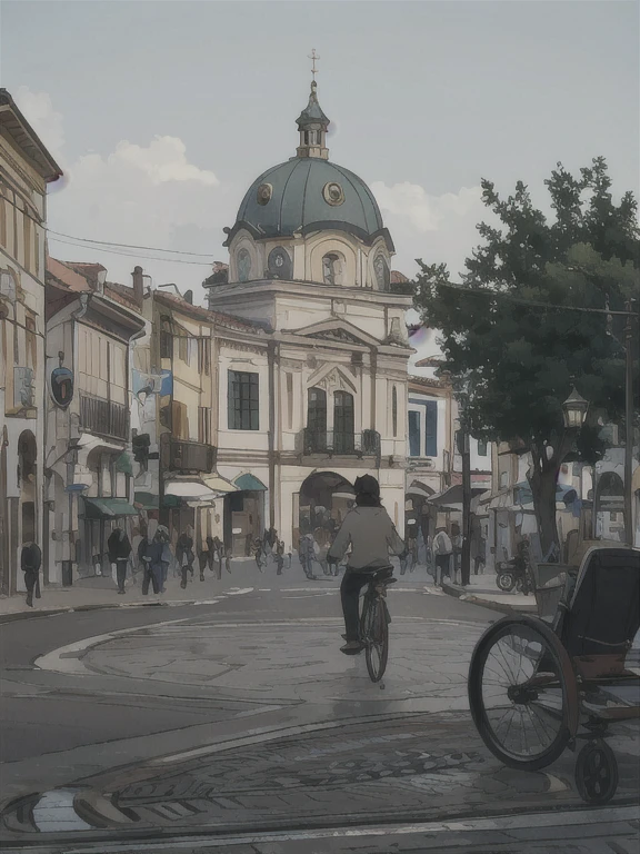 there is a man riding a bicycle in front of a building, on a great neoclassical square, in a city square, in a city with a rich history, Rua da Cidade de Palermo, No meio da cidade, vista das ruas, visto de fora, cercando a cidade, muito muito surreal, parado no centro da cidade,  por Makoto Shinkai, makoto shinkai.