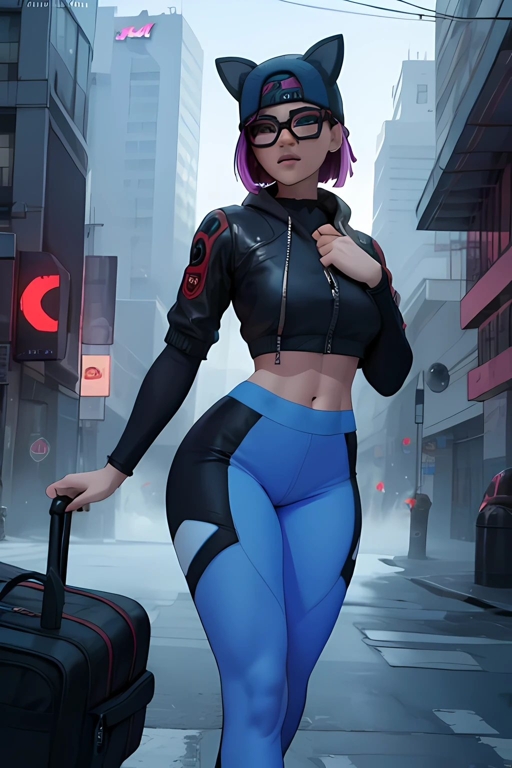 Cyberpunk linen suit, evening, spikes bracelet,winter hat , black shorts with navy blue leggings, navy blue jacket ,extremely detailed, Detailed face, glasses ,beautiful face, fine eyes, looking at the viewer, feminine pose.
