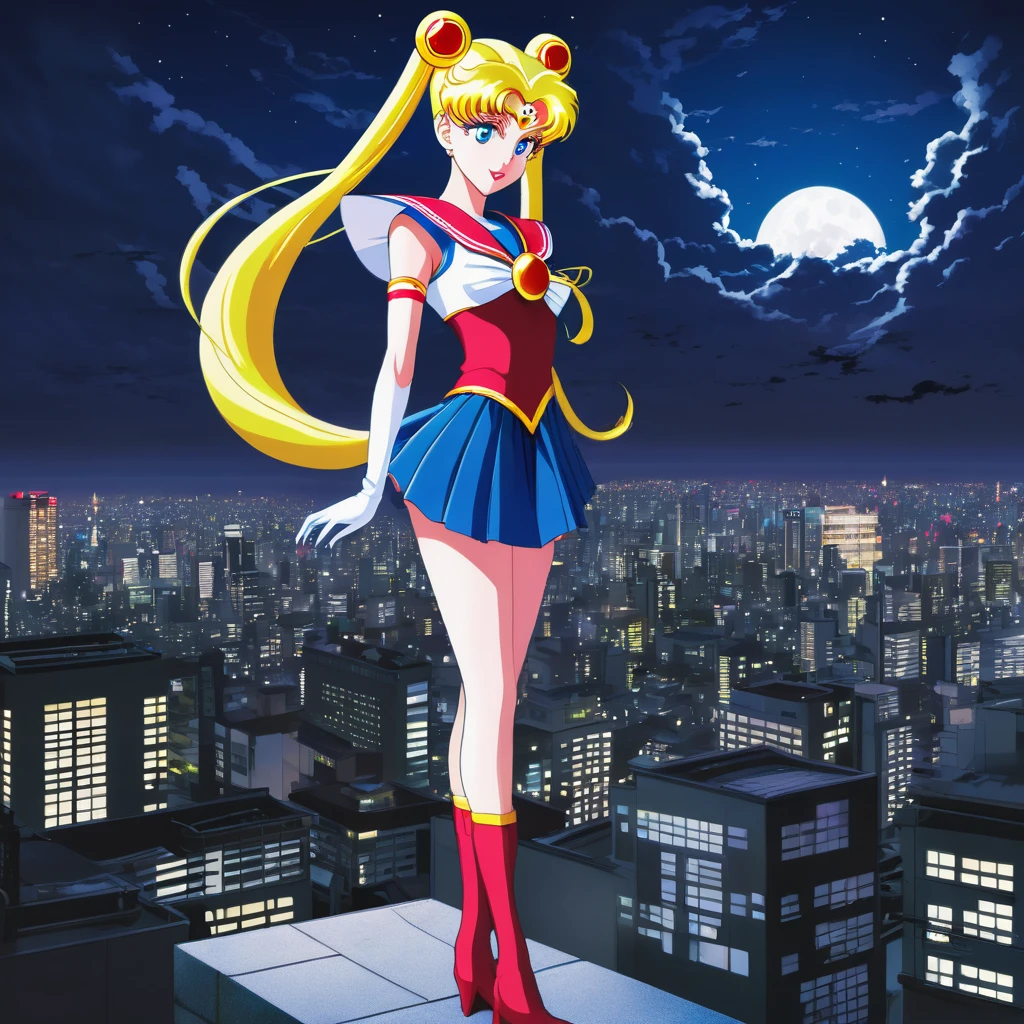 (best quality,4k,8k,highres,masterpiece:1.2),ultra-detailed,(realistic,photorealistic,photo-realistic:1.37),Sailor Moon in her magical form,standing on her rooftop,watching a shadow monster descend upon Tokyo,her magic tingling,night time,shimmering moonlight,glowing city lights,sparkling stars,magical transformation,effortlessly graceful movements,majestic rooftop garden,flowing hair,mystical wand with a crescent moon,beautifully detailed eyes,shimmering dress with pastel colors,playful ribbons floating in the wind,curved rooftops of traditional Japanese buildings,majestic skyscrapers in the background,energetic and dynamic scene,cityscape with modern architecture and neon signs,expressive and determined face,relevant anime style,serene and otherworldly atmosphere,vibrant and vibrant colors.