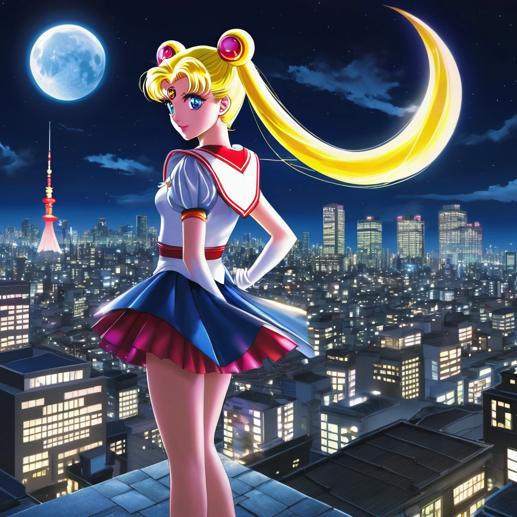 (best quality,4k,8k,highres,masterpiece:1.2),ultra-detailed,(realistic,photorealistic,photo-realistic:1.37),Sailor Moon in her magical form,standing on her rooftop,watching a shadow monster descend upon Tokyo,her magic tingling,night time,shimmering moonlight,glowing city lights,sparkling stars,magical transformation,effortlessly graceful movements,majestic rooftop garden,flowing hair,mystical wand with a crescent moon,beautifully detailed eyes,shimmering dress with pastel colors,playful ribbons floating in the wind,curved rooftops of traditional Japanese buildings,majestic skyscrapers in the background,energetic and dynamic scene,cityscape with modern architecture and neon signs,expressive and determined face,relevant anime style,serene and otherworldly atmosphere,vibrant and vibrant colors.