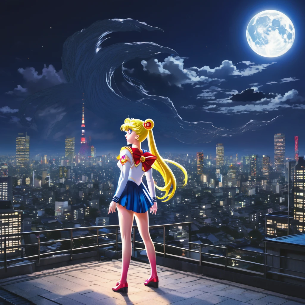 (best quality,4k,8k,highres,masterpiece:1.2),ultra-detailed,(realistic,photorealistic,photo-realistic:1.37),Sailor Moon in her magical form,standing on her rooftop,watching a shadow monster descend upon Tokyo,her magic tingling,night time,shimmering moonlight,glowing city lights,sparkling stars,magical transformation,effortlessly graceful movements,majestic rooftop garden,flowing hair,mystical wand with a crescent moon,beautifully detailed eyes,shimmering dress with pastel colors,playful ribbons floating in the wind,curved rooftops of traditional Japanese buildings,majestic skyscrapers in the background,energetic and dynamic scene,cityscape with modern architecture and neon signs,expressive and determined face,relevant anime style,serene and otherworldly atmosphere,vibrant and vibrant colors.