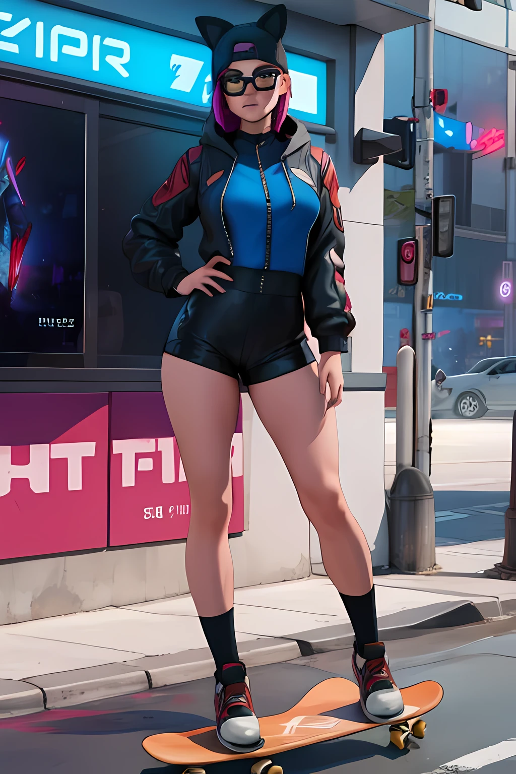 Cyberpunk linen suit, evening, spikes bracelet,winter hat , black shorts with navy blue leggings, navy blue jacket ,extremely detailed, Detailed face, glasses ,beautiful face, fine eyes, looking at the viewer, skateboard.