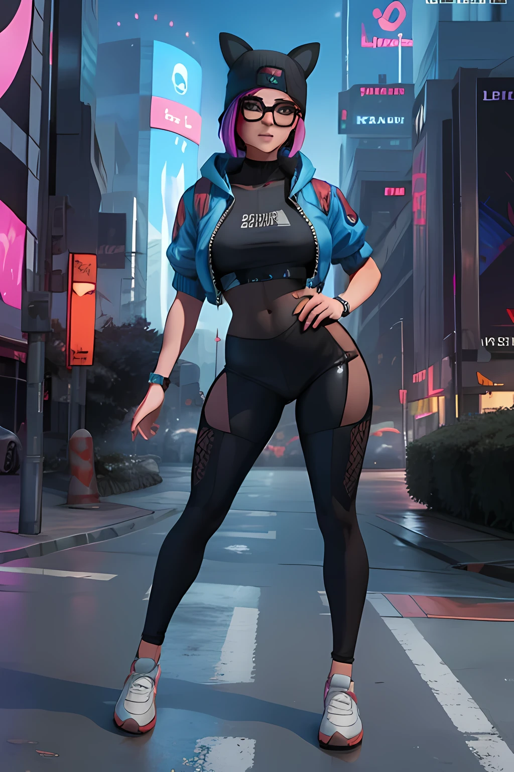 Cyberpunk linen suit, evening, spikes bracelet,winter hat , black shorts with navy blue leggings, navy blue jacket ,extremely detailed, Detailed face, glasses ,beautiful face, fine eyes, looking at the viewer, skateboard.